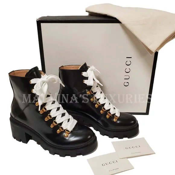 GUCCI BOOTS LACE-UP BLACK LEATHER ANKLE BOOTIE RUBBER LUG SOLE sz 37.5 / 7.5